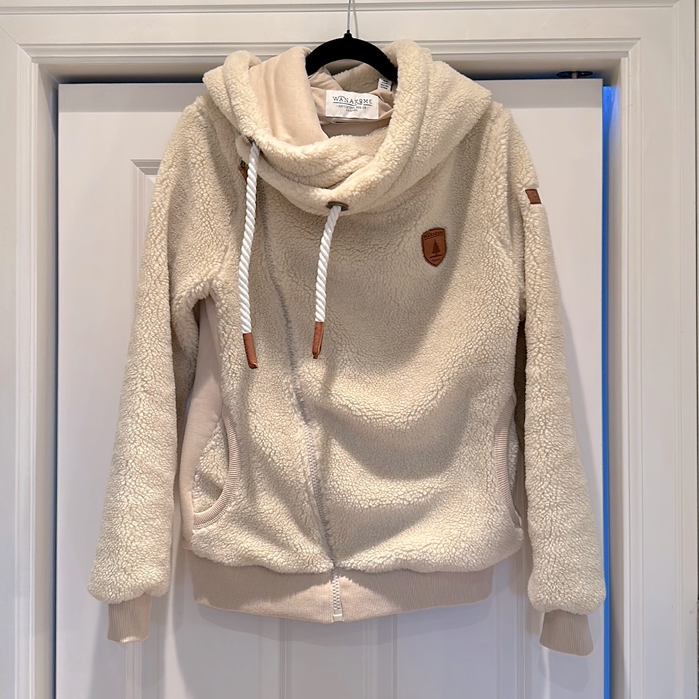 Wanakome Sherpa Angled Zip Hoodie, Ivory, Size Small